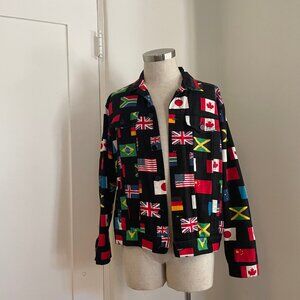 Flags of the World, Black Denim Jacket | Men's Large | Forever 21 | Early 2010s
